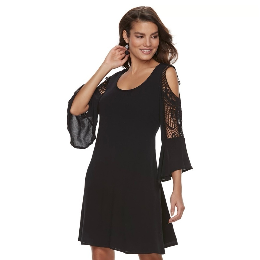 NWT Nina Leonard Crochet Sleeve Open Shoulder Swing Mini Dress in Size Small